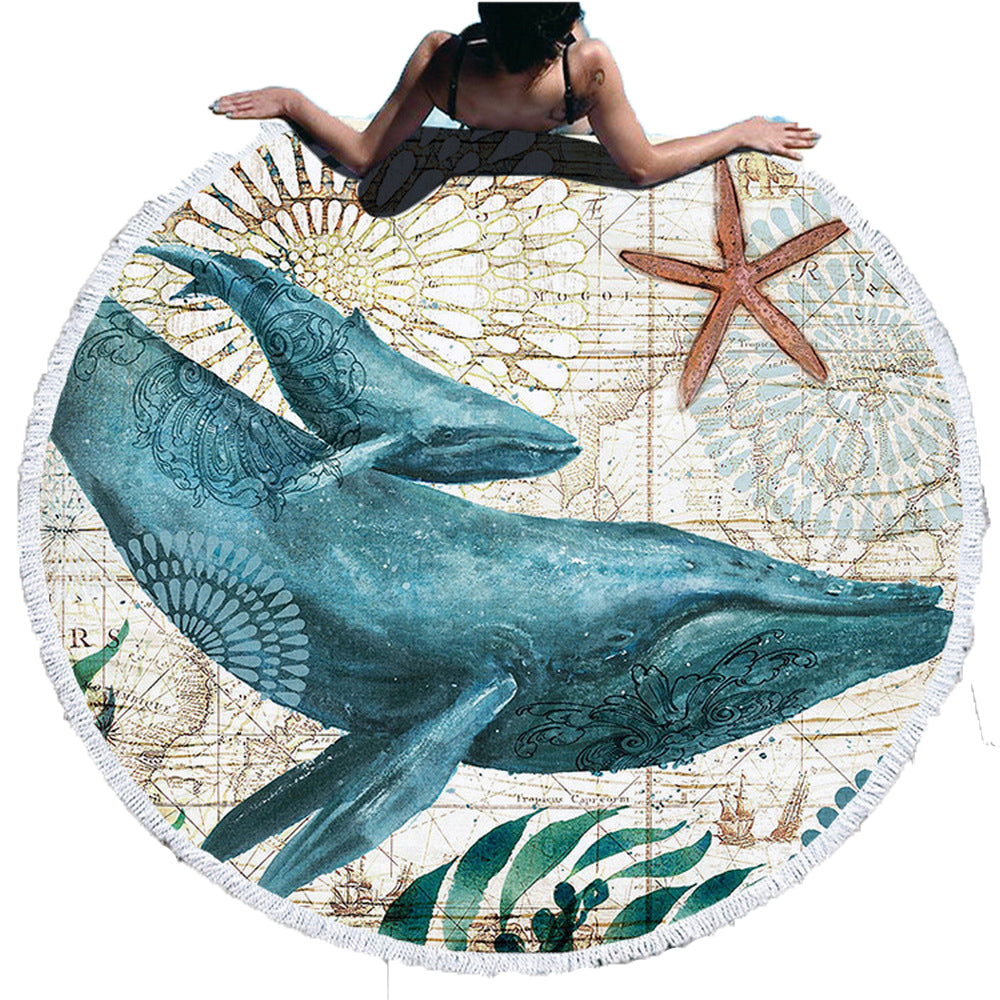 150CM Microfiber Round Beach Towel With Tassels - Undersea World -Dolphin