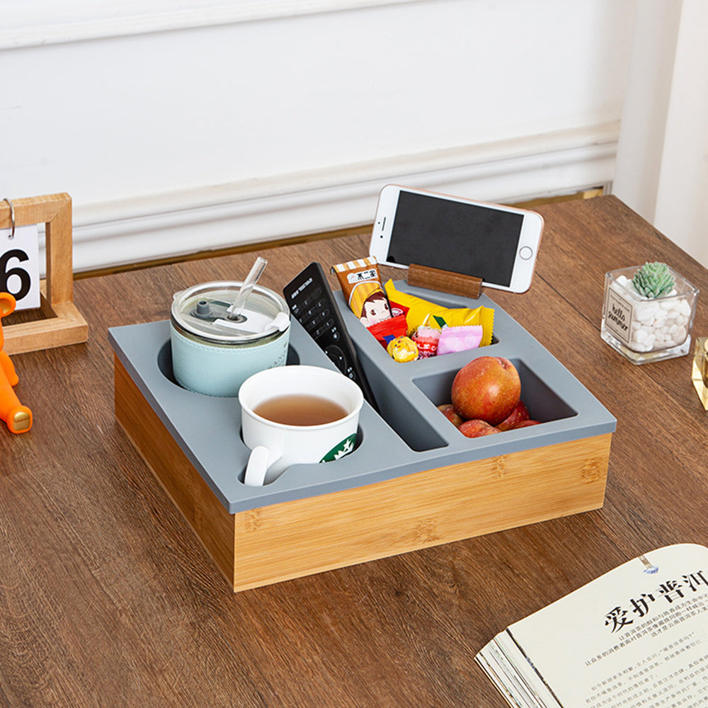 Handy Silicone Bamboo Couch Cup Snack Storage Tray with Rotatable Phone Holder