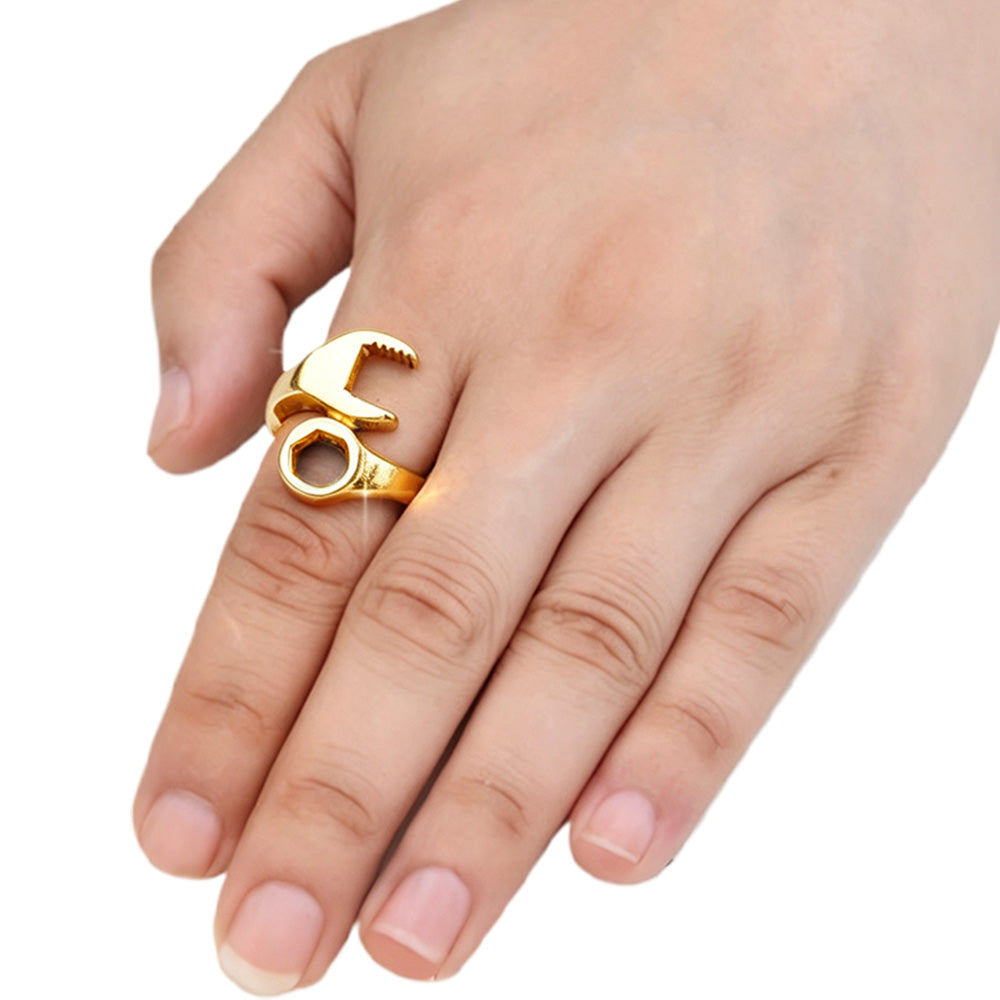 Stainless Steel Wrench Shaped Industrial Punk Ring for Men and Women-Gold