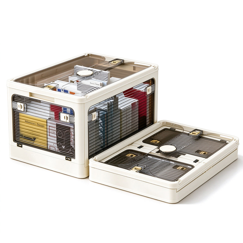 5 Door Transparent PP Foldable Storage Box with Wheels and Top Lid-White