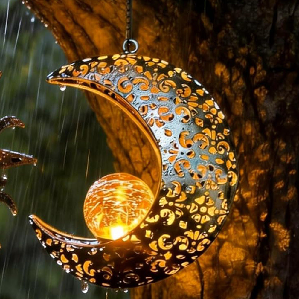 Hanging Solar Lights Outdoor Sun Moon Cracked Glass Lantern for Garden Patio Decor