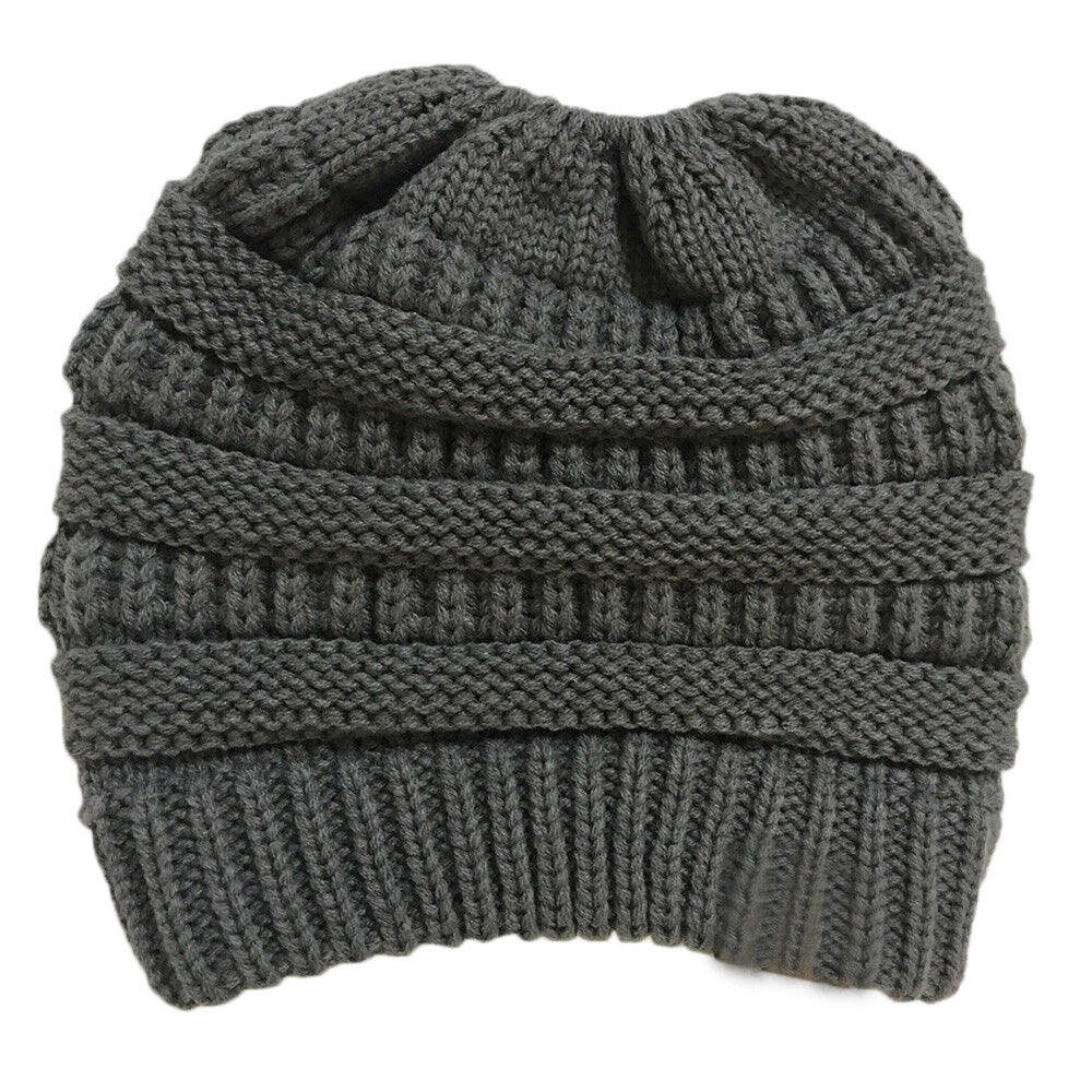 Women Girls Winter Cable Knit Ponytail Beanie High Bun Crochet Hat