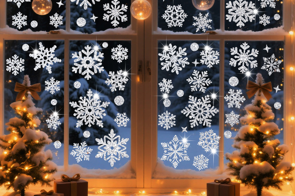 Christmas Window Clings Snowflakes Static Stickers Gold Silver for Holiday Decorations