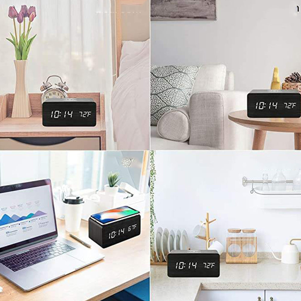 2Pcs Wooden Digital Alarm Clock with Wireless Charger