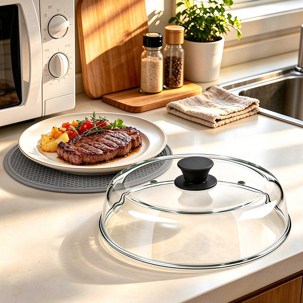 Microwave Glass Splatter Cover with Silicone Trivet Dual Vents and Handle