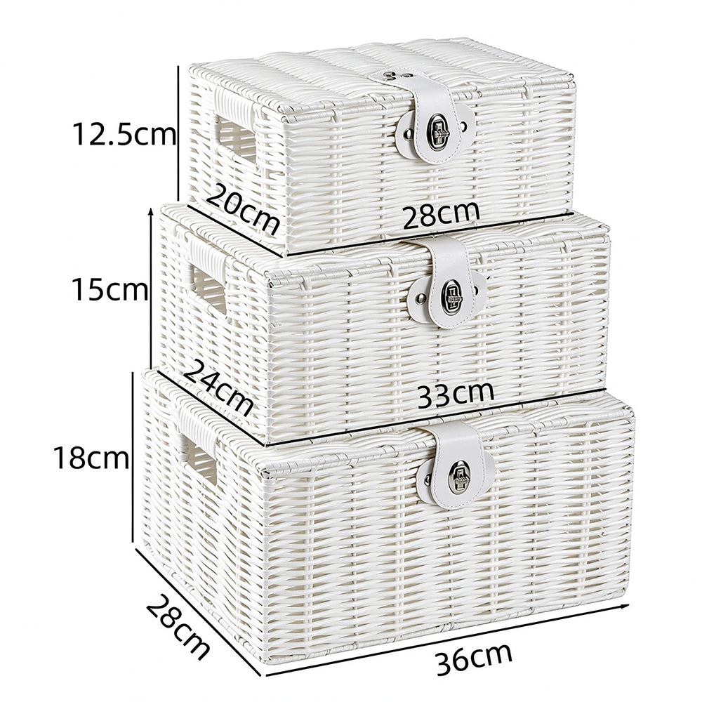 3 Piece Imitation Rattan Woven Storage Basket Set with Locking Lids-White