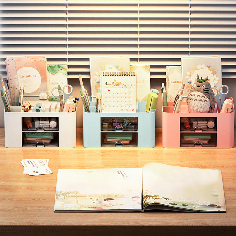 Pen Organizer with 2 Drawer Multi-Functional Pencil Holder for Desk
