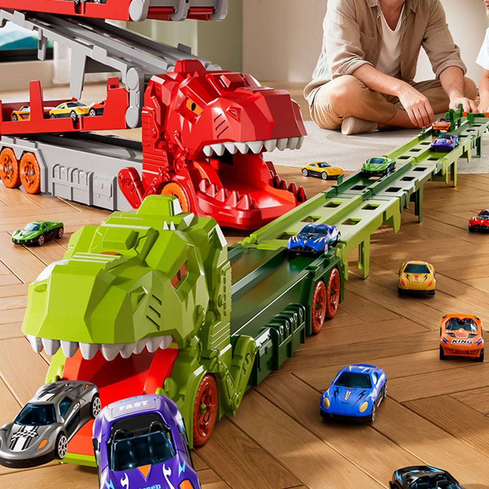 Foldable Dinosaur Truck with Dual Tracks and 6 Small Cars for Home Outdoors
