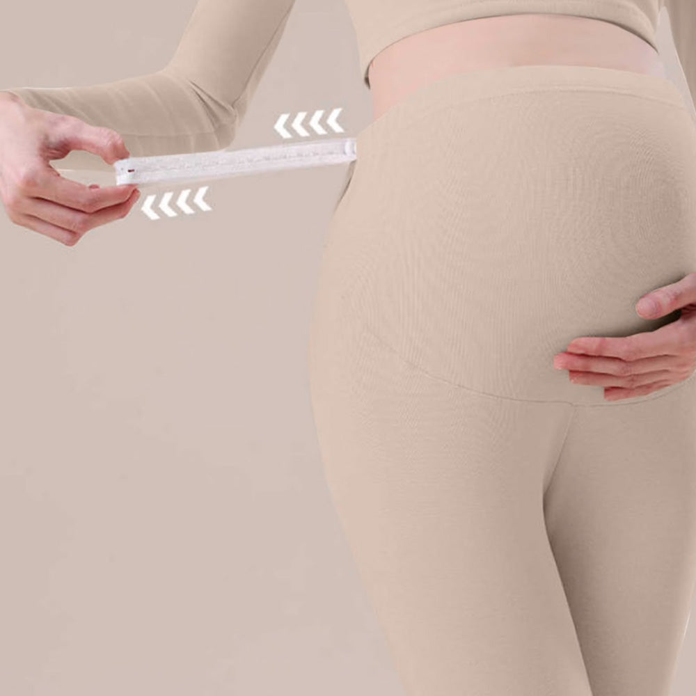Maternity Leggings Pregnancy High Waist Warm Thermal Pants with Adjustable Belly Band-Beige