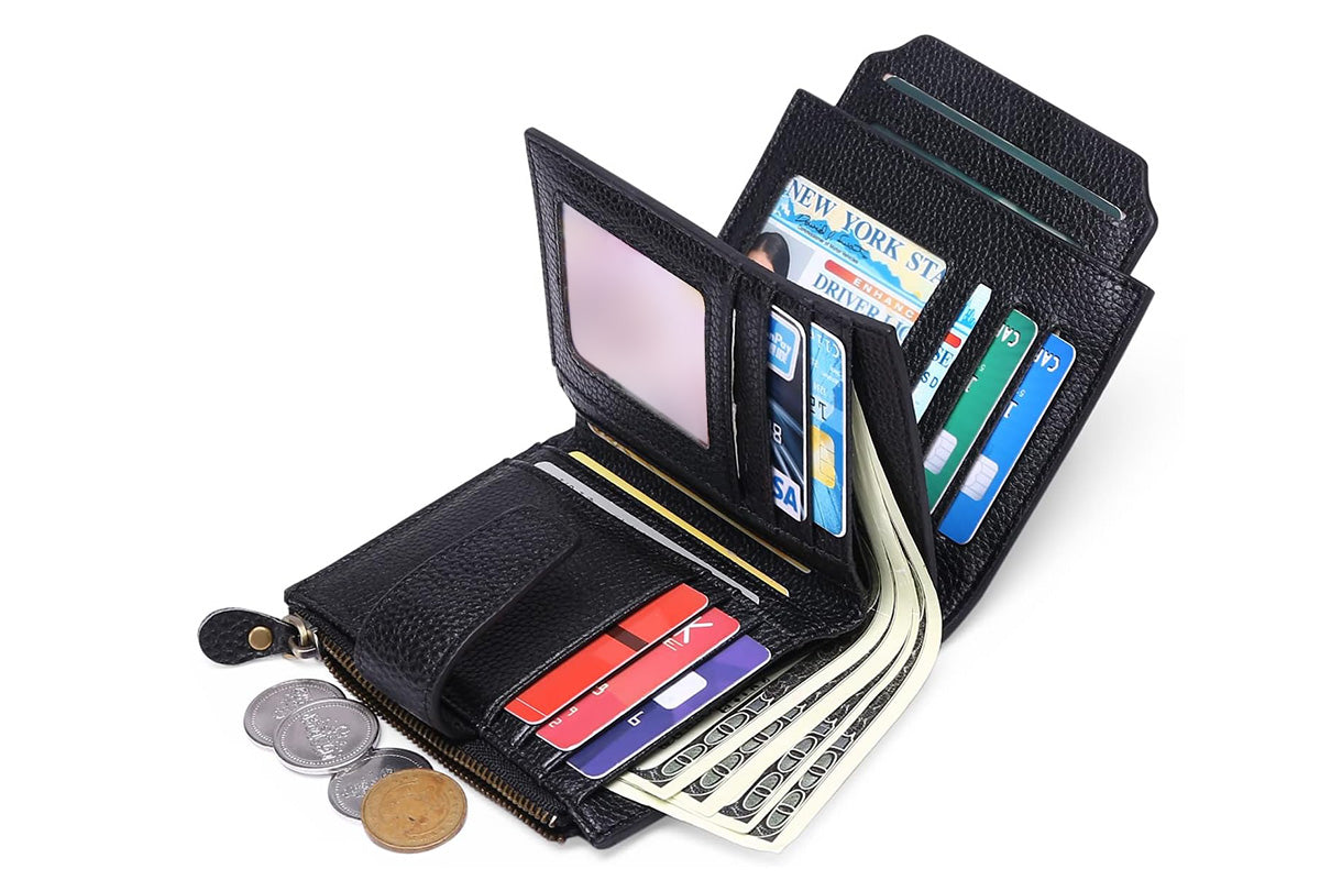 Genuine Leather Women's Wallet Short RFID Blocking Purse with Zipper