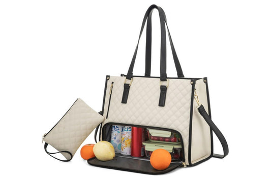 Tote Bag and Wallet with Insulated Lunch Compartment for 15.6 inch Laptop-Beige