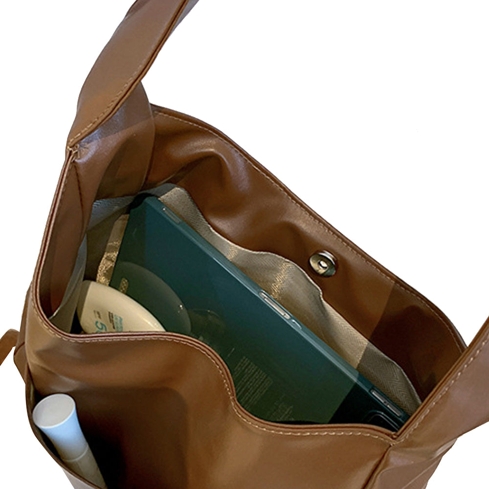 Solid Color PU Leather Shoulder Bag Large Capacity Tote Bag