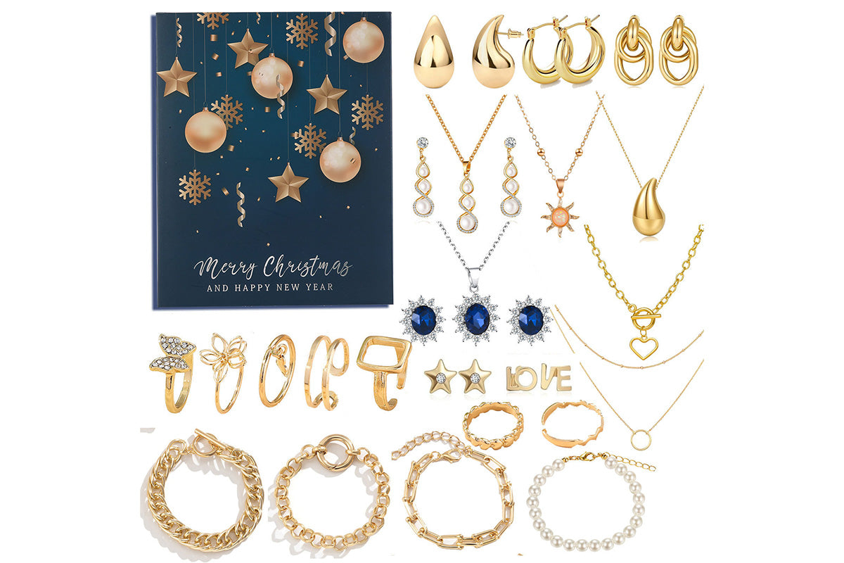 24PCS Christmas Jewelry Advent Calendar Bracelet Necklace Ring Earrings Set