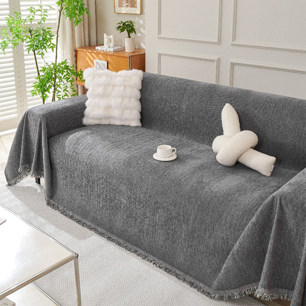 Chenille Sofa Slipcover Washable Couch Cover Sofa Dogs Furniture Protector with Tassels-Grey