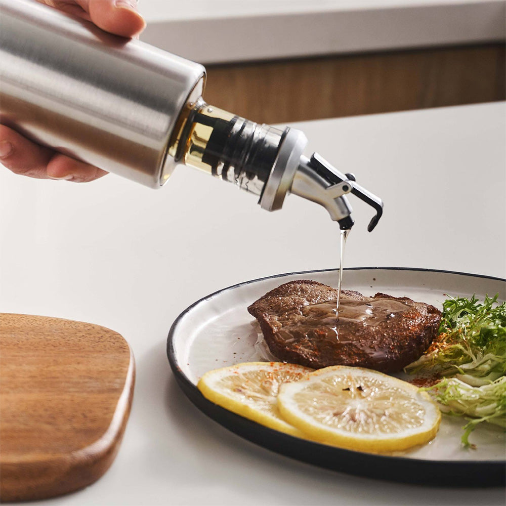 Glass Oil Dispenser with Capacity Markings 300 or 500ml Push-Button Bottle