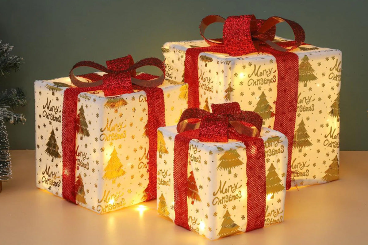 3PCS Christmas Lighted Gift Boxes With 8 Modes For Holiday Indoor Outdoor Decorations