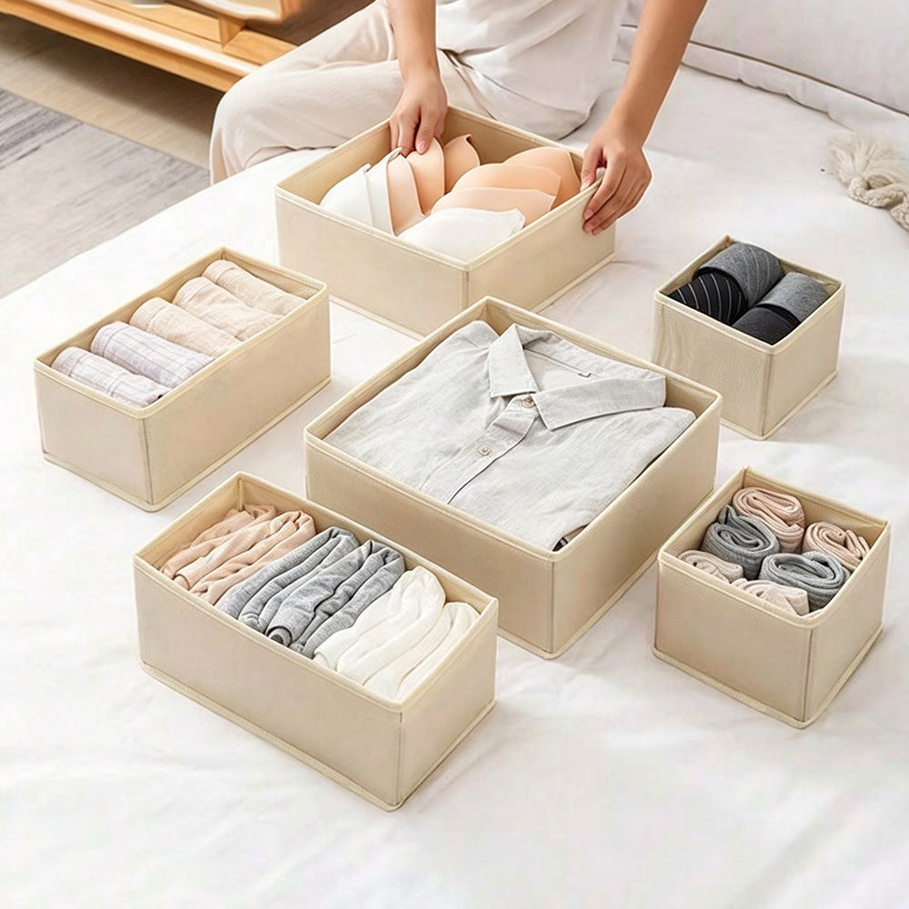 6 Piece Foldable Nonwoven Drawer Organizer Bins in 3 Sizes with Zippers