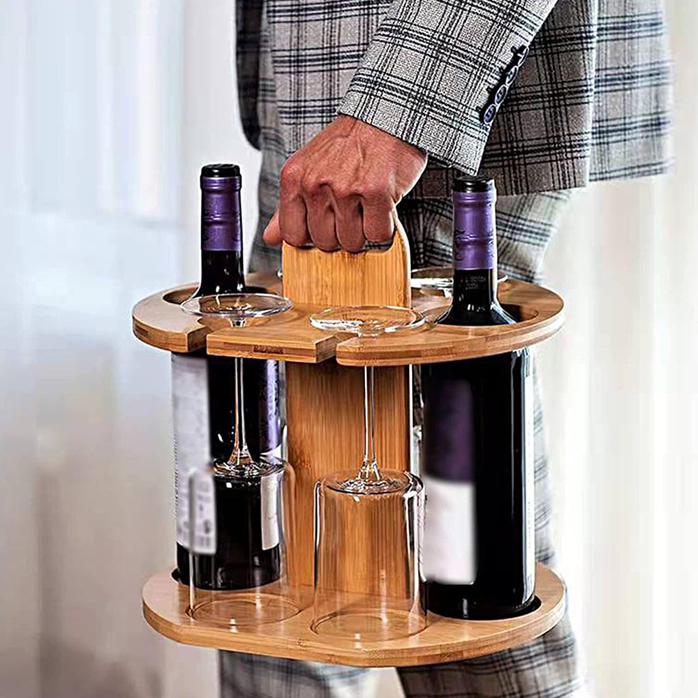 Bamboo Wine Storage and Display Rack Holds 2 Bottles and 4 Glasses
