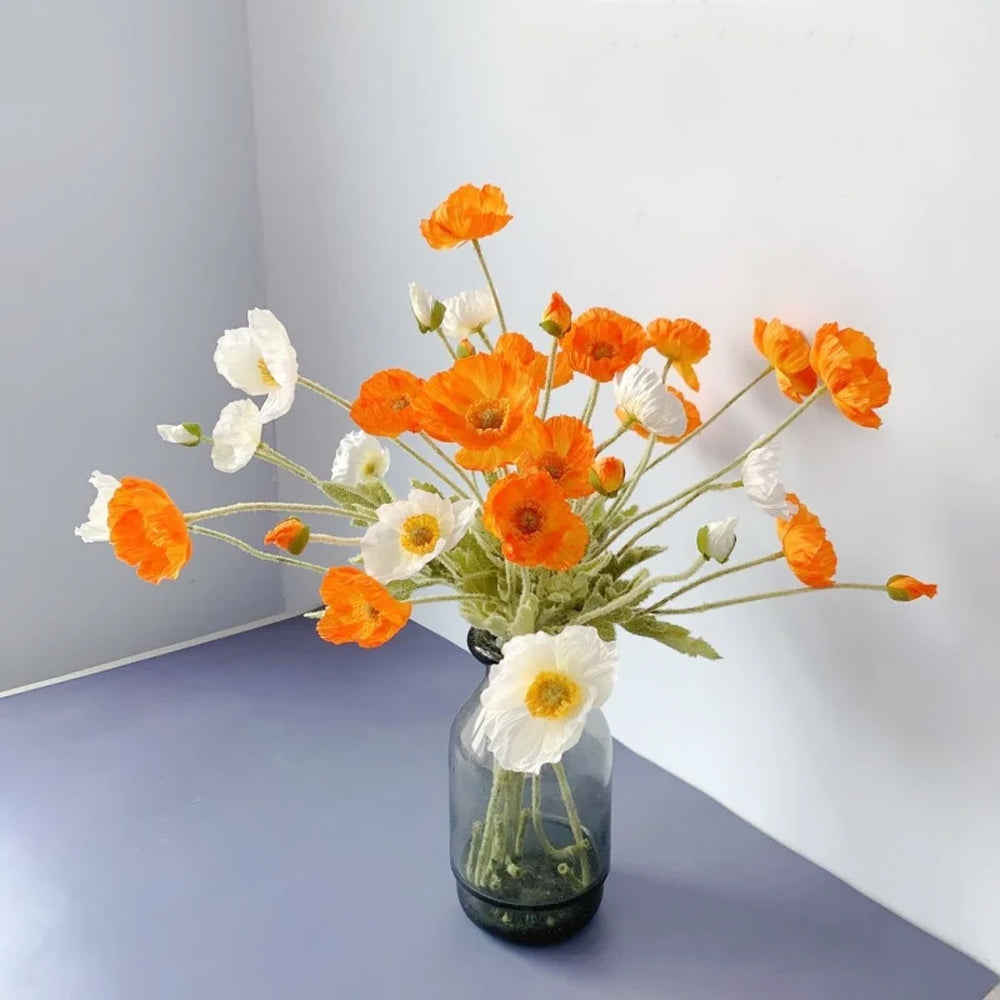 6Pcs 4 Head Artificial Poppy Flowers Papaver Rhoeas Flocking Stem Bouquet-White, Orange