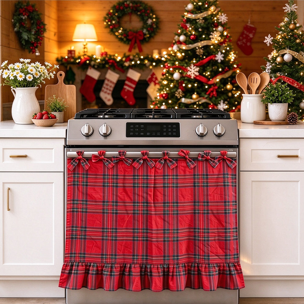 Polyester Cotton Plaid Oven Cover Curtain with Ties for Kitchen