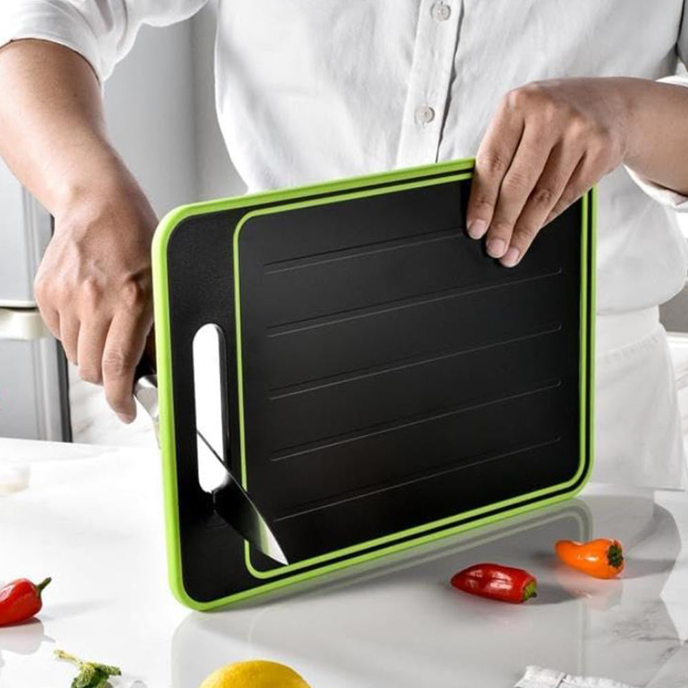 4-in-1 Double Sided Thawing Tray and Cutting Board with Aluminum Sharpener