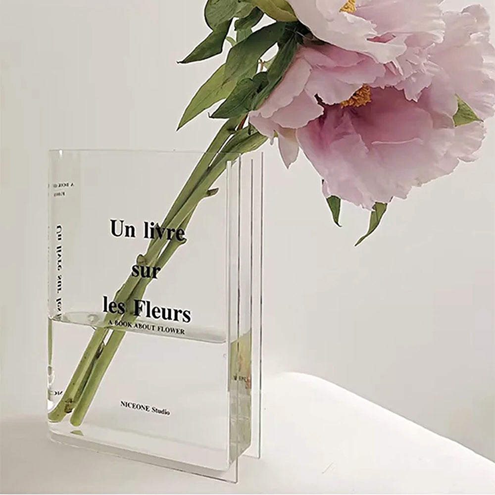 Plastic Clear Book Vase for Flowers Bookshelf Vase Decoration-Clear