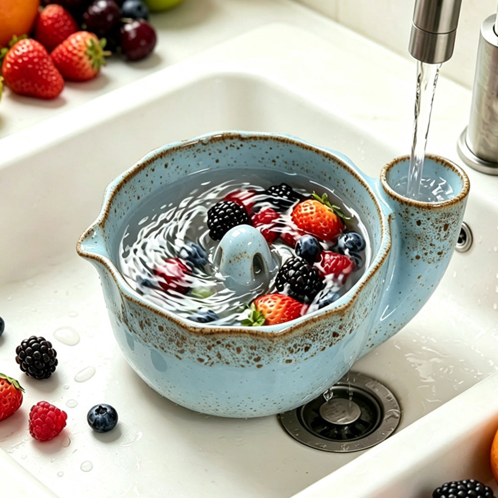 Self-Spinning Ceramic Berry Washing Bowl Set with Drain Holes and 2 Fruit Forks for Cleaning Berries
