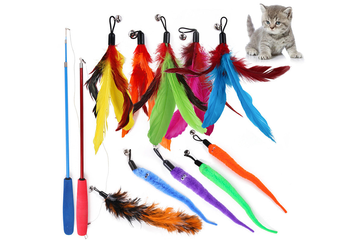 Interactive Cat Toy Set Telescopic Cat Wand with Feather Replacement Pack for Indoor Cat Play