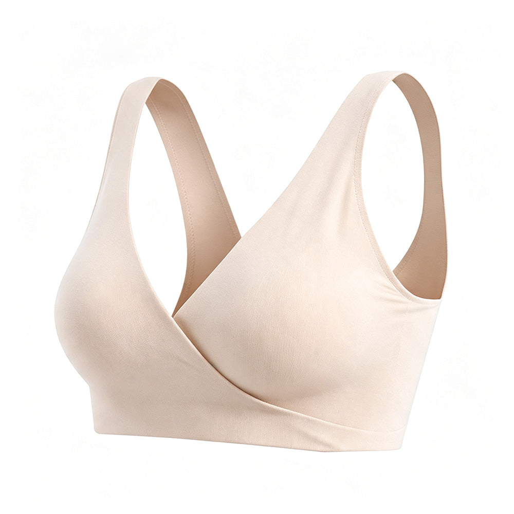 Seamless Wireless Cross Front Lounge Bra with Removable Pads for Women-Beige