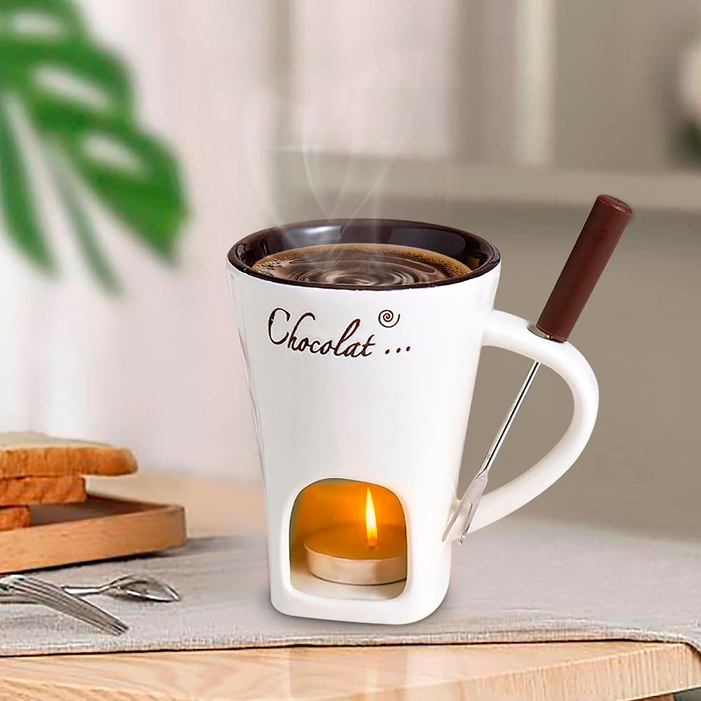 Fondue Mug Set Porcelain Chocolate Melting Cup with Fork