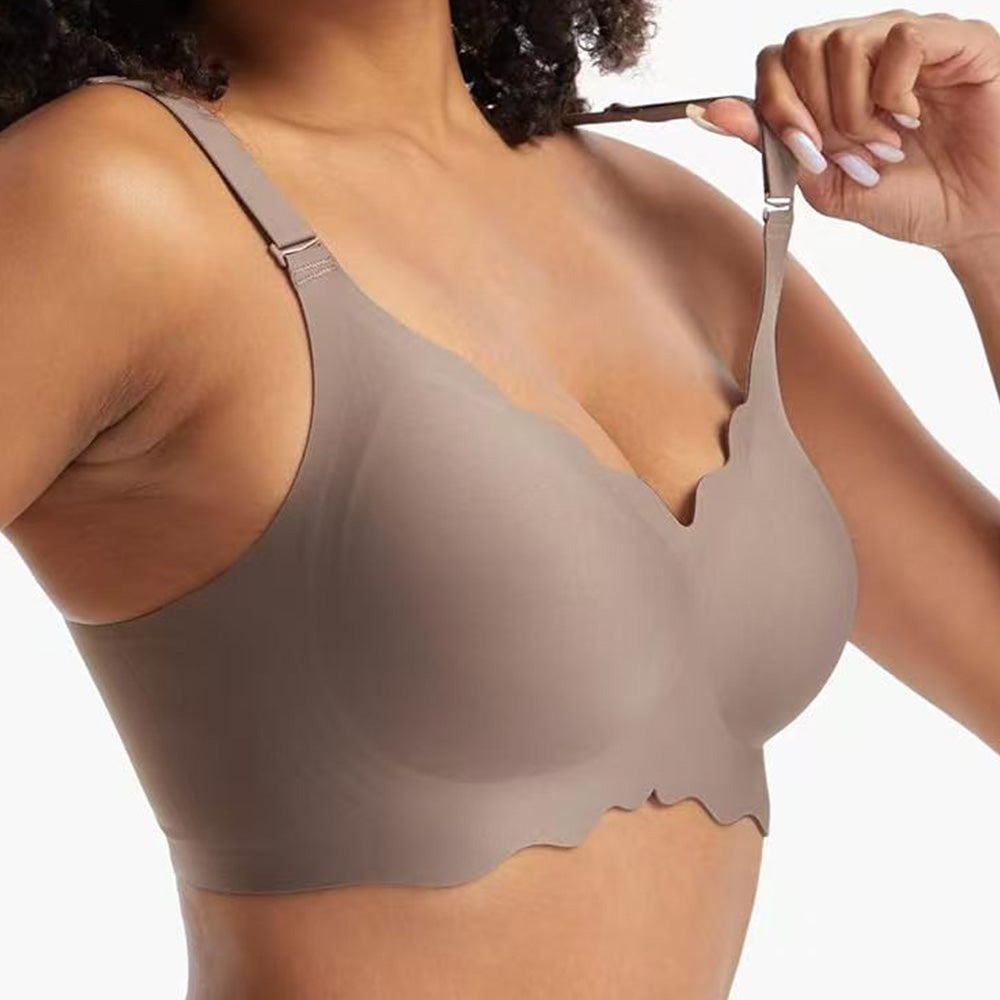 Wireless Bra Soft High Elastic V Neck Wavy Trim-Grey