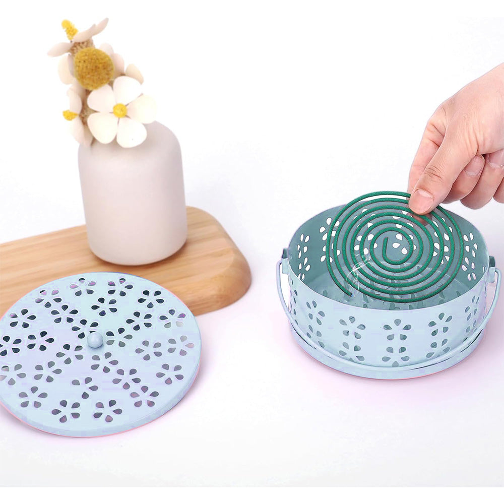 2X 14cm Metal Mosquito Coil and Incense Holder with Lid Floral Cutout Design