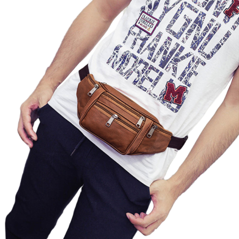 Unisex Genuine Leather Zip Waist Bag