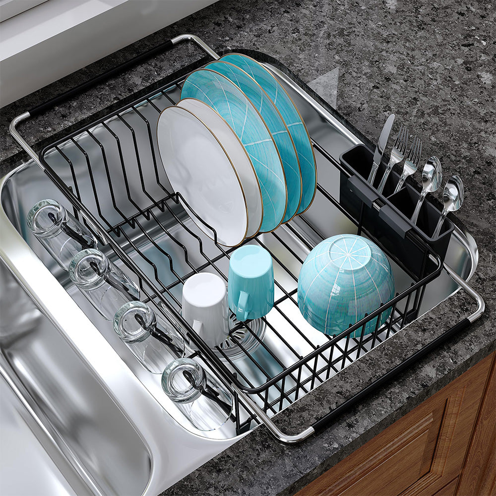 Expandable Stainless Steel Over Sink Dish Drying Rack with Utensil Holder