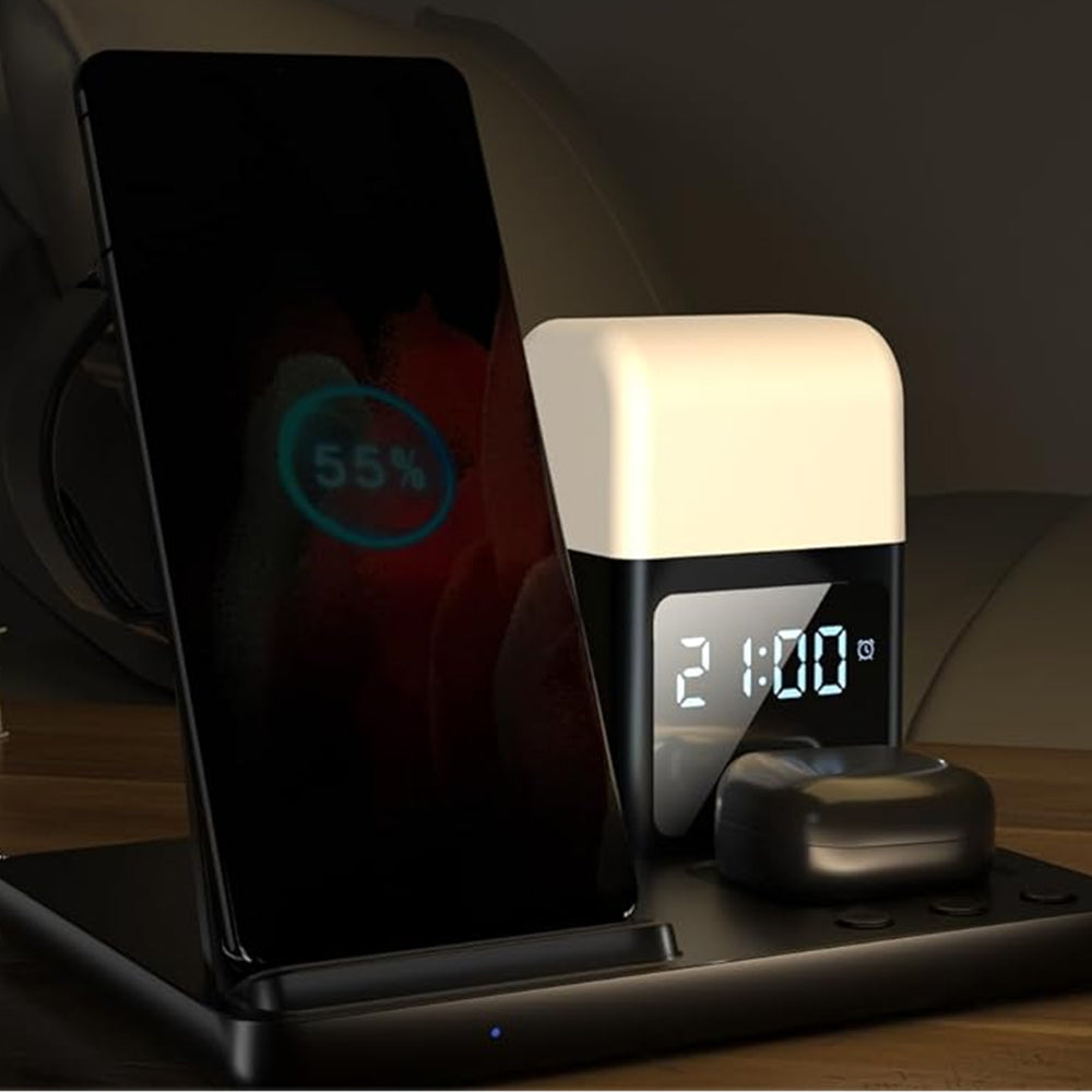 6-in-1 Wireless Charger with Alarm Clock and Night Light for Smartphone/Watch/Earbuds