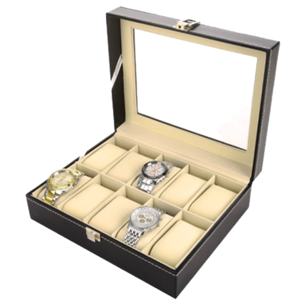 6/10/12 Grids PU Leather Watch Box Organizer Display Case with Lock
