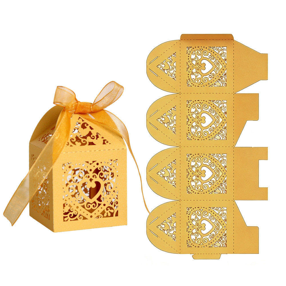 50 Pack Laser Cut Pearl Paper Candy Favor Boxes with Ribbons