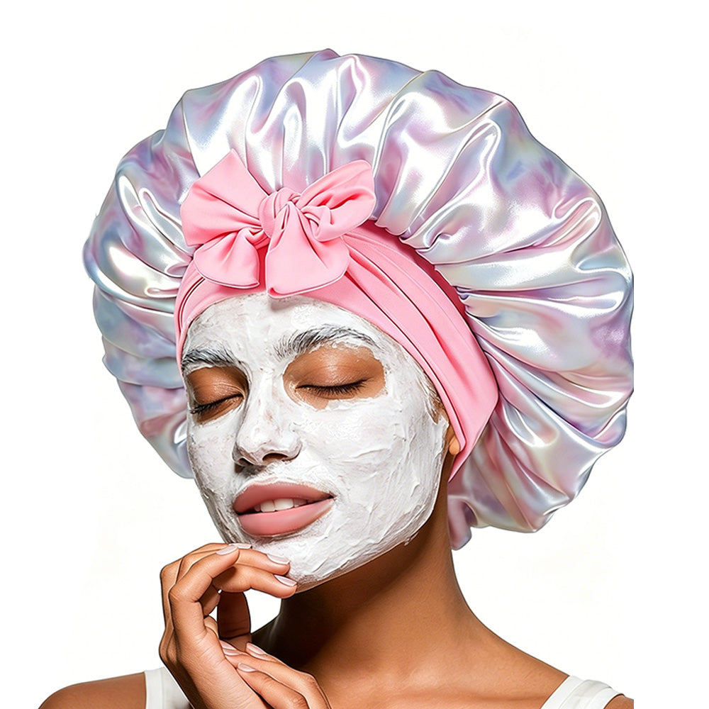 Satin Sleep Bonnet Hair Wrap for Women Adjustable Bow Print Silk Like Night Cap