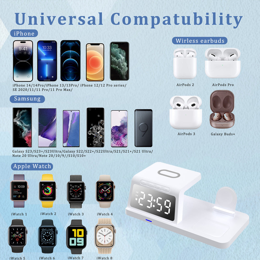 5 in 1 USB Plug Wireless Charging Station with Clock for Phone Watch