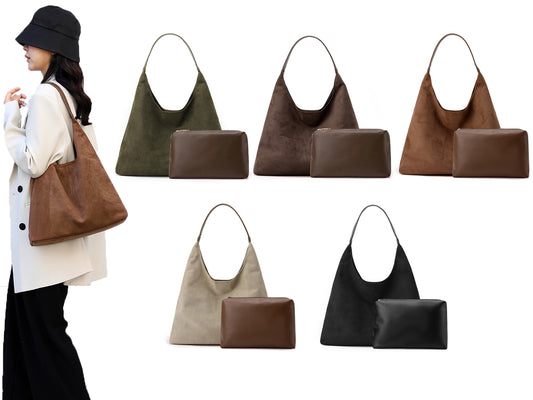 Women's Faux Suede Vintage Tote Hobo Handbag with A Purse