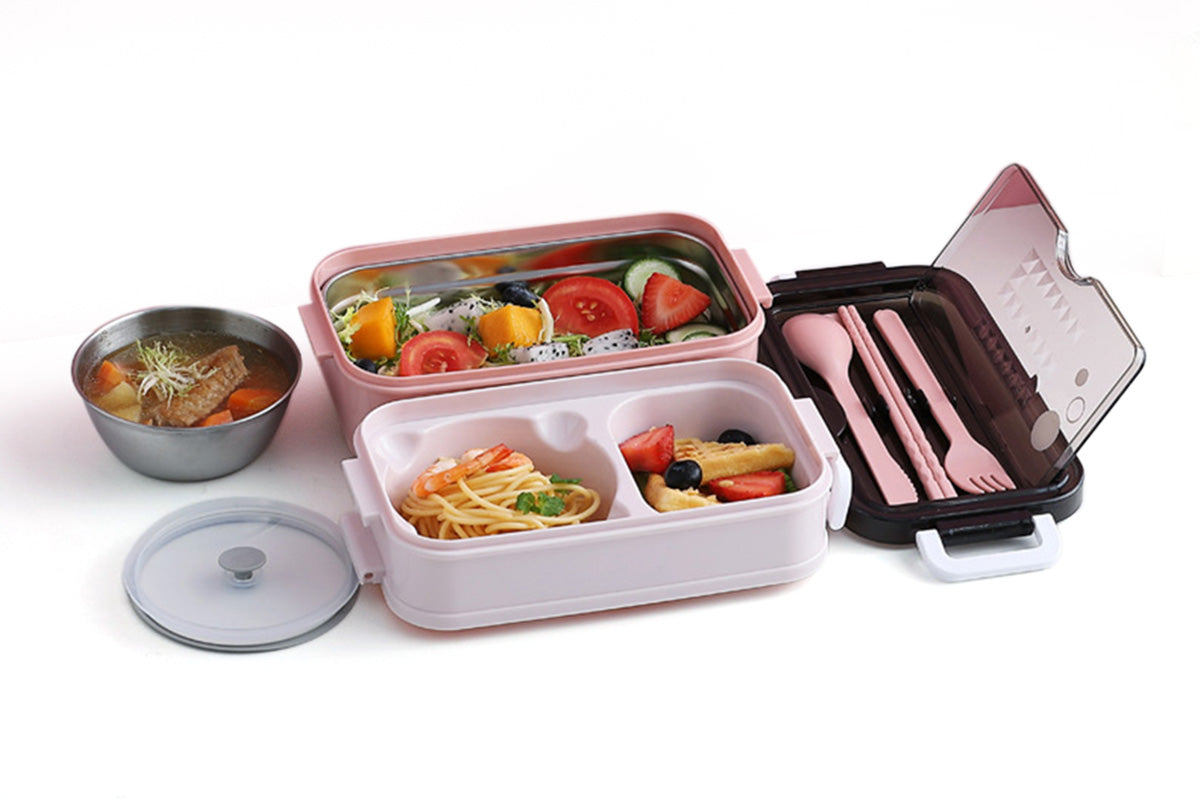 Bento Box Stackable 3-Compartment Lunch Containers With Dinnerware And Seal Cover