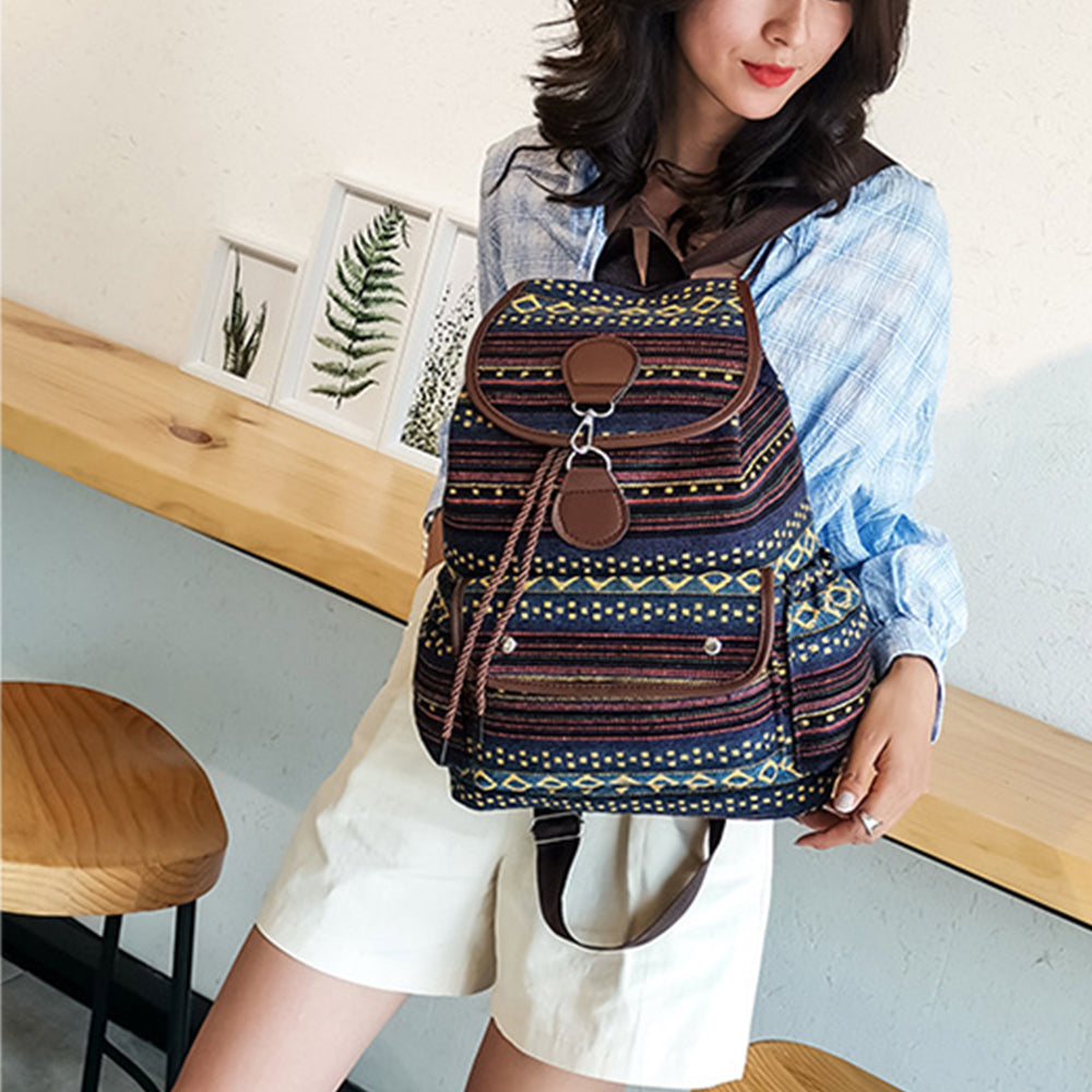 Boho Style Flap Drawstring Backpack