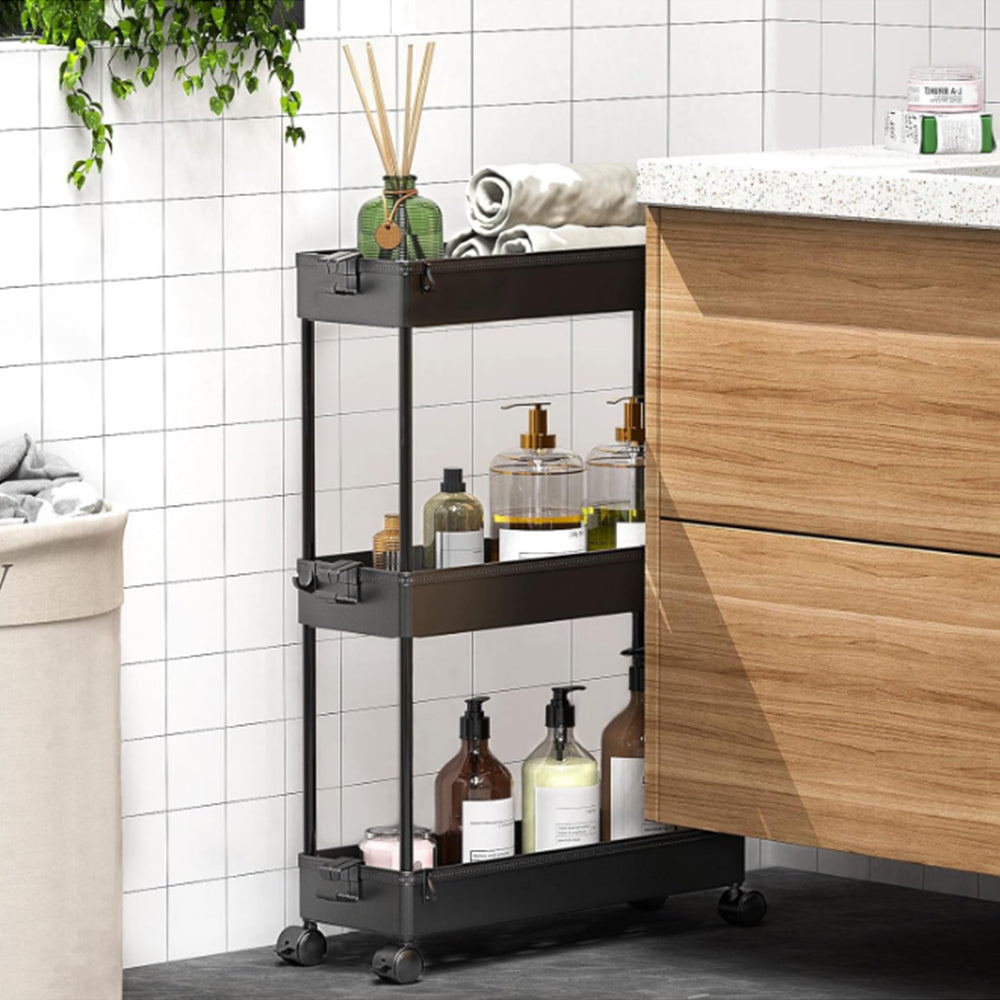 3 Tier Kitchen Bathroom Slim Rolling Trolley Storage Shelf