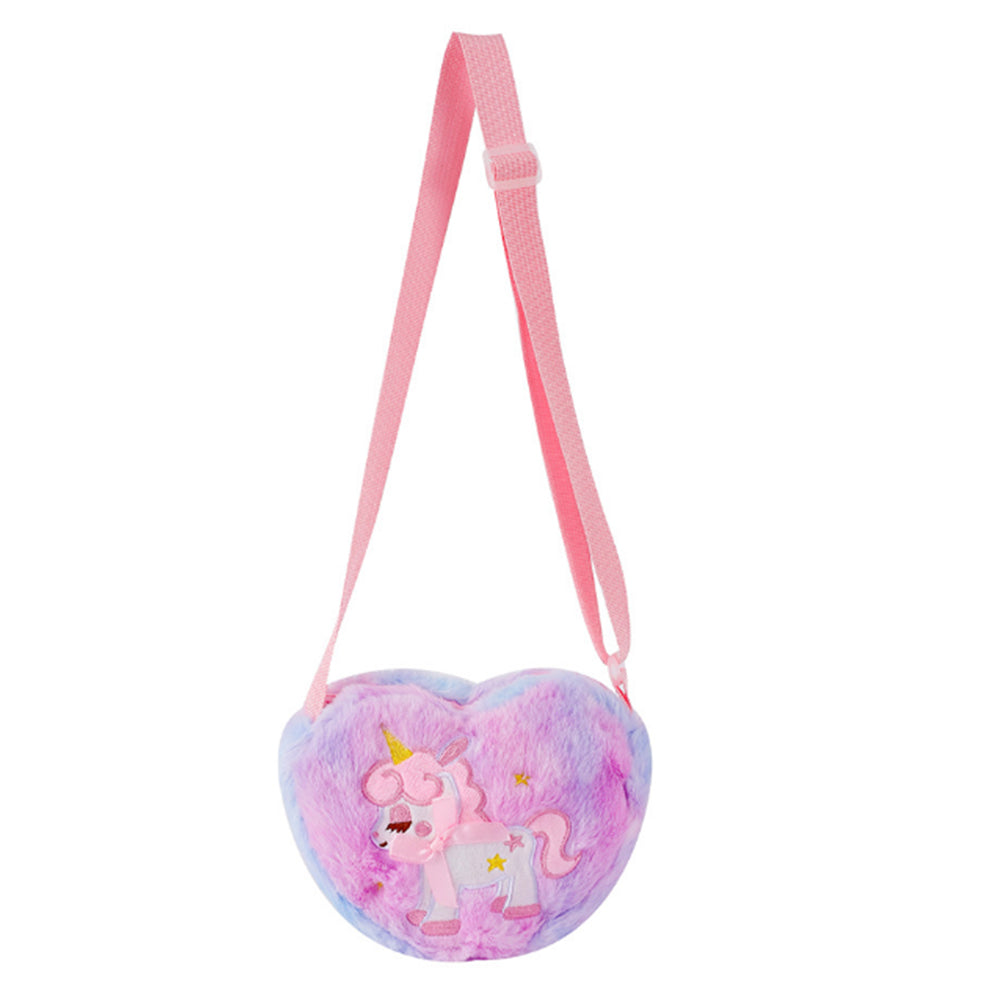 Girls Cute Plush Heart Unicorn Embroidery Zipper Crossbody Bag