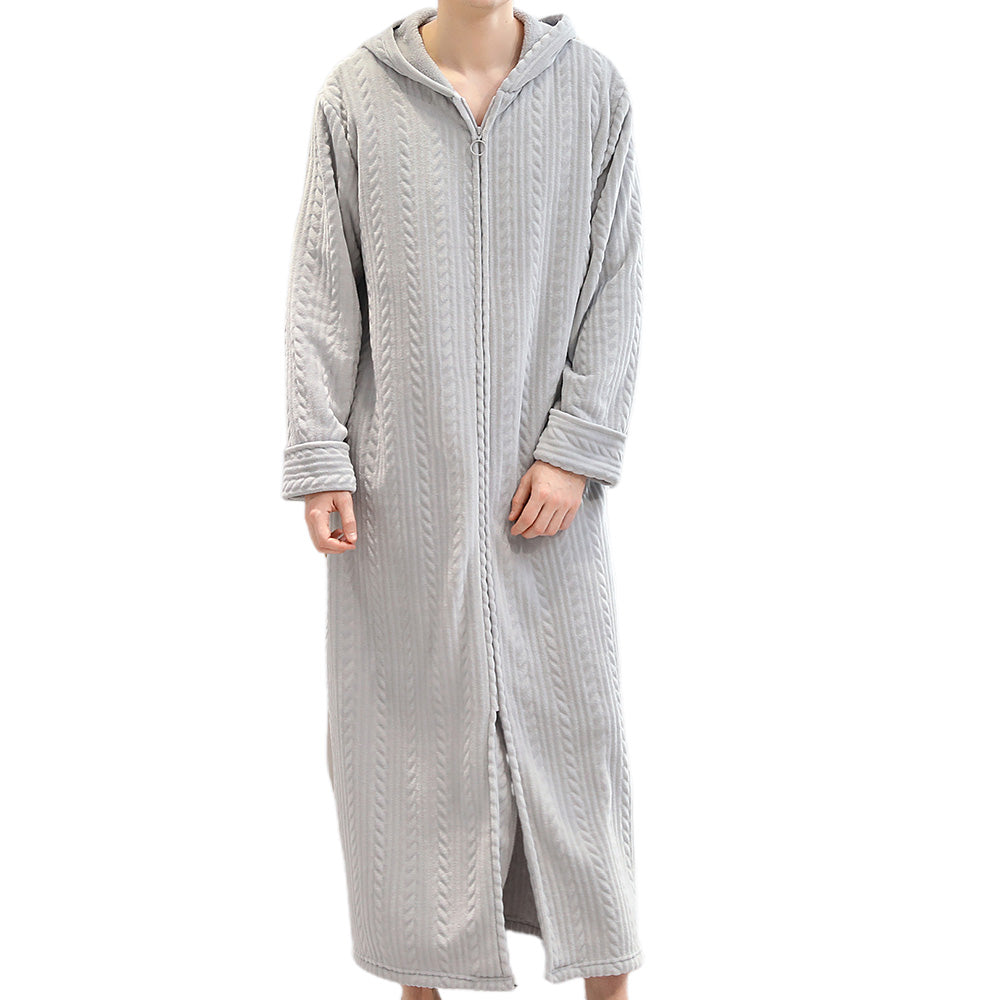 Unisex Long Hooded Zipper Bathrobe Fleece Robes Winter Warm Nightgown Sleepwear Pyjamas-Grey