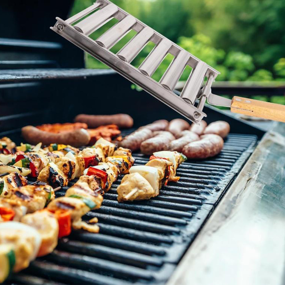 Stainless Steel Hot Dog Grill with Wooden Handle and 4 BBQ Skewers