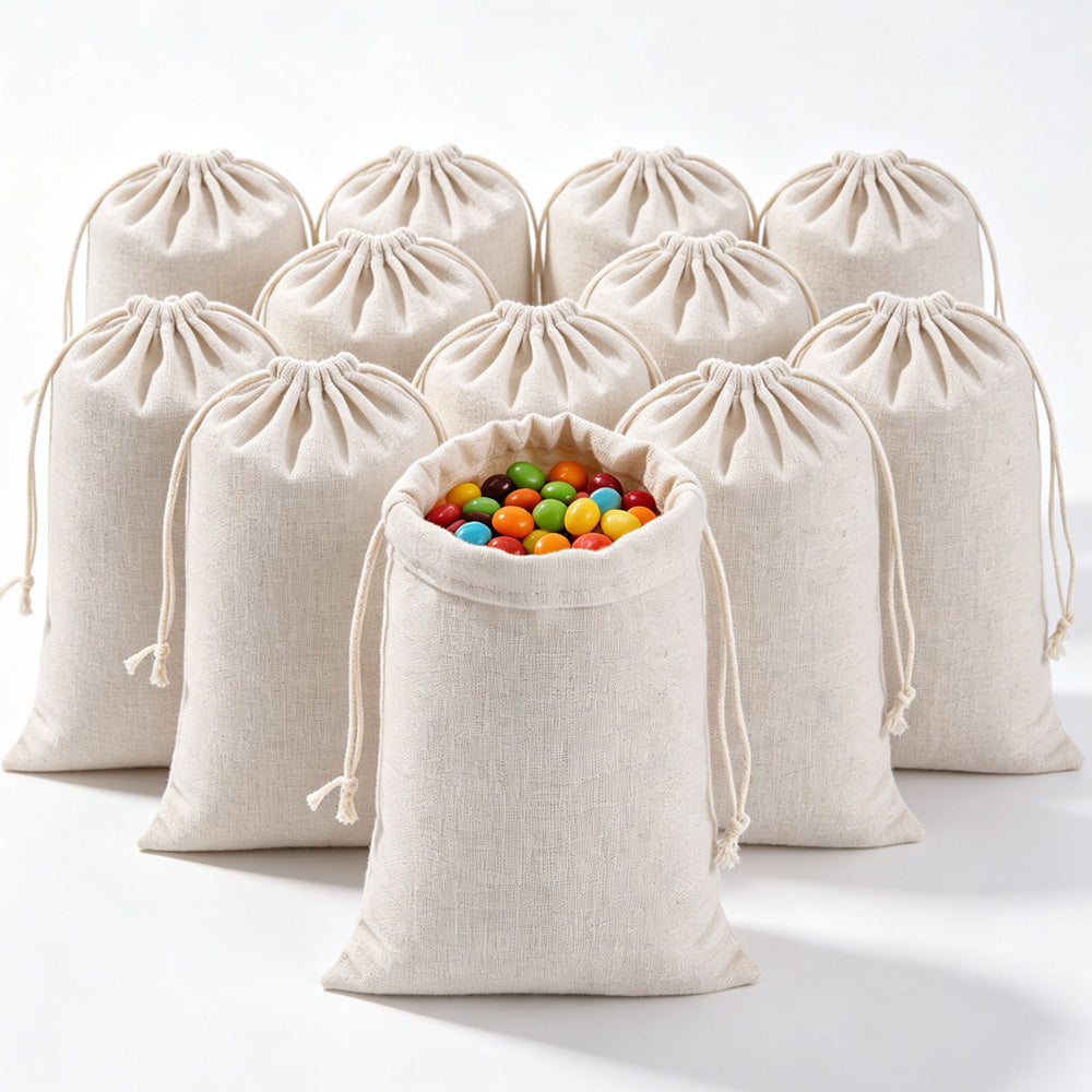10 Pack Cotton Linen Drawstring Storage and Gift Bags in 2 Sizes