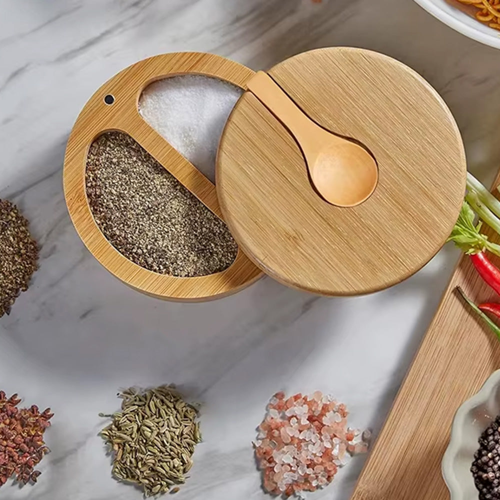 Kitchen Bamboo Salt Cellar with Swivel Lid  for Salt Pepper Sugar Herbs Spice with Spoon