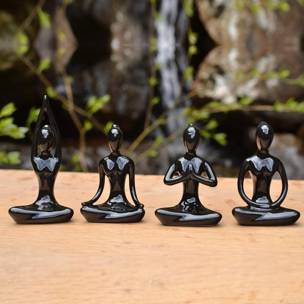 4Pcs Black Ceramic Yoga Pose Statue Sculpture