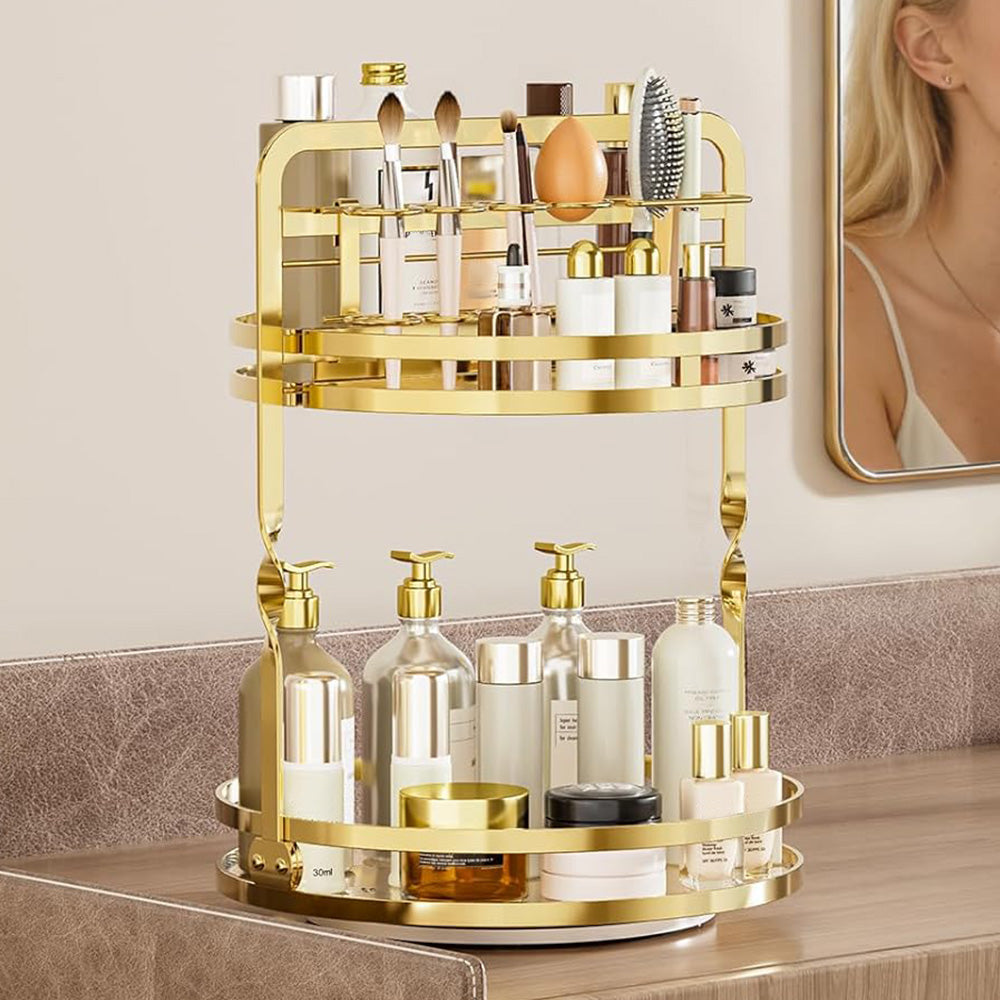 Rotating Makeup Organizer Double Layer with Brush Holder for Skincare Perfume